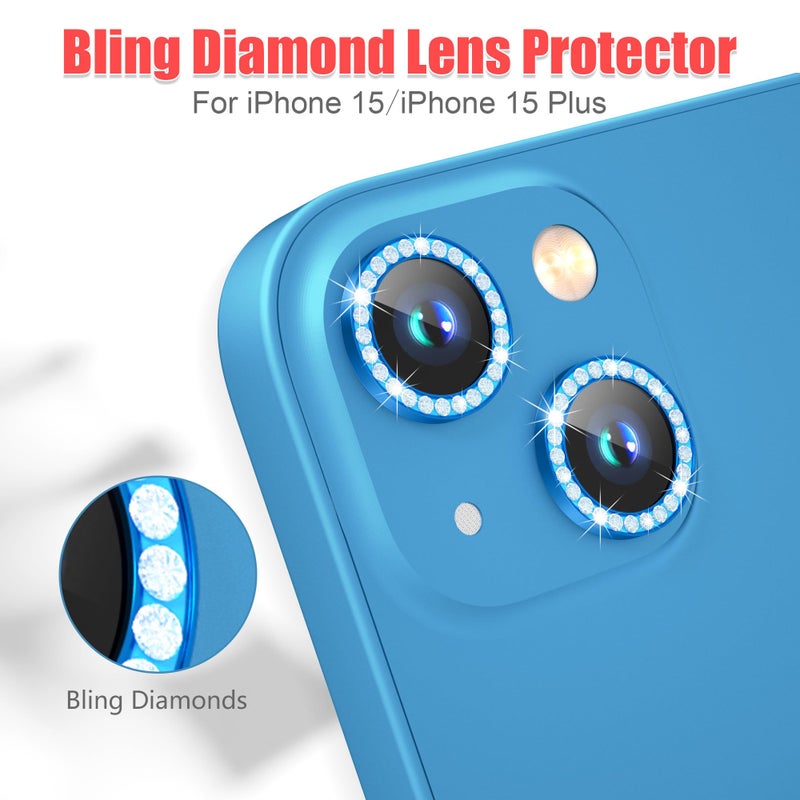 AGVEE 3+3 6 Pack for iPhone 15 6.1" / 15 Plus 6.7" Camera Lens Protector, Bling Diamond & Bling Glitter Metal Ring 9H Tempered HD Glass Camera Cover Film, Bling-Blue - Image 4