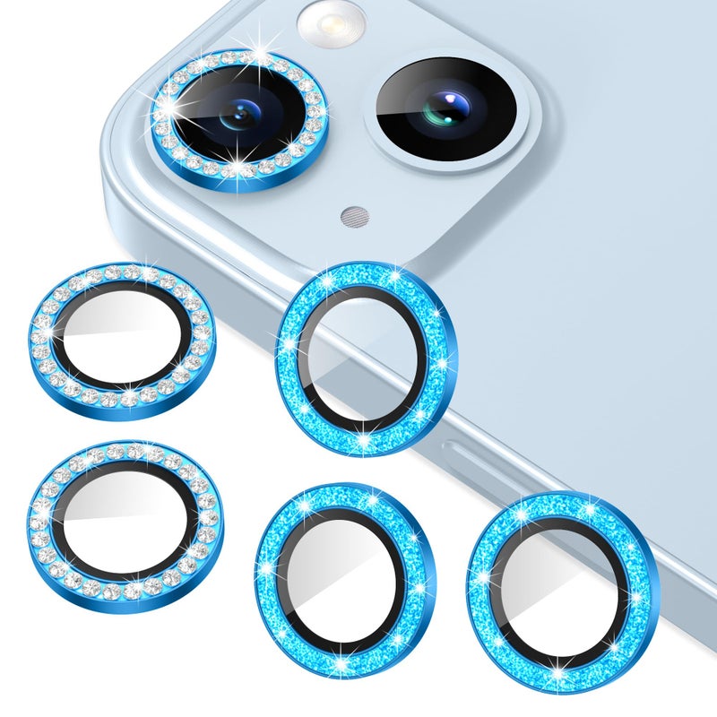 AGVEE 3+3 6 Pack for iPhone 15 6.1" / 15 Plus 6.7" Camera Lens Protector, Bling Diamond & Bling Glitter Metal Ring 9H Tempered HD Glass Camera Cover Film, Bling-Blue - Image 1