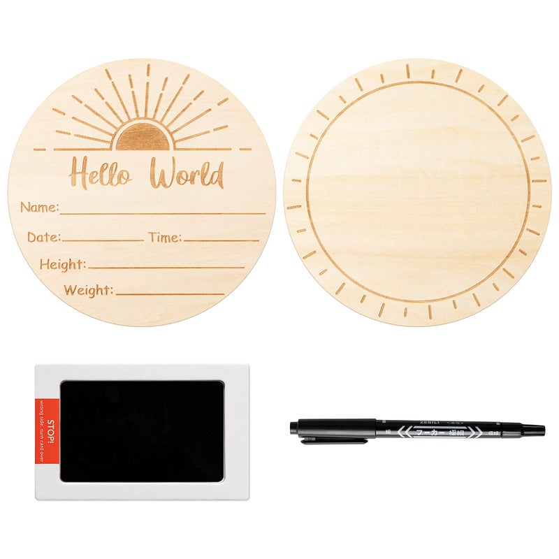 R HORSE R HORSE Baby Birth Announcement Sign with Marker Pen Boho Sun Baby Name Sign with Ink Pad for Hand and Footprints Wooden Hello World Newborn Announcement Nursery Decor Keepsake Gifts