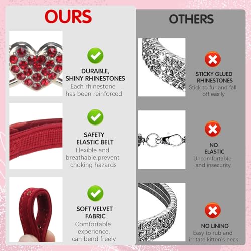 BINGPET Diamond Cat Collar,Adjustable Soft Velvet Leather Safe Kitten Collar with Crystal Heart Charm and Bells,Girl Boy Bling Stylish Cat Collars with Safety Elastic (Red, Neck Girth 8"-10" - Image 3
