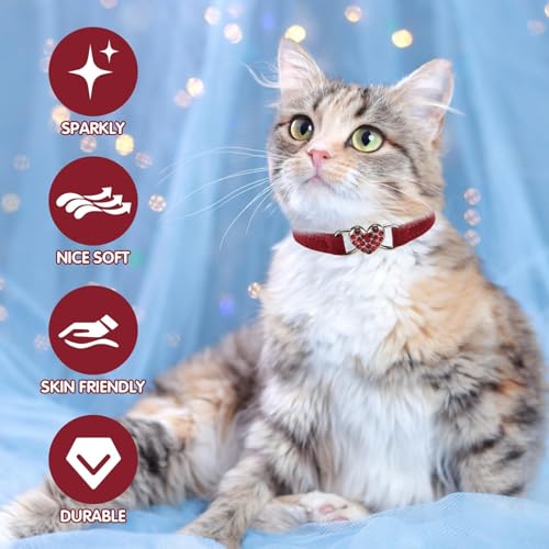 BINGPET Diamond Cat Collar,Adjustable Soft Velvet Leather Safe Kitten Collar with Crystal Heart Charm and Bells,Girl Boy Bling Stylish Cat Collars with Safety Elastic (Red, Neck Girth 8"-10" - Image 2