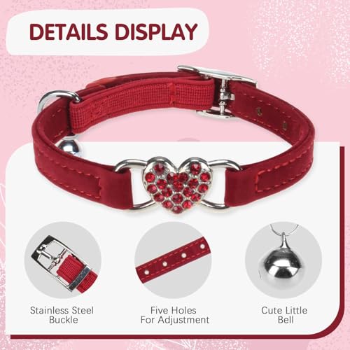 BINGPET Diamond Cat Collar,Adjustable Soft Velvet Leather Safe Kitten Collar with Crystal Heart Charm and Bells,Girl Boy Bling Stylish Cat Collars with Safety Elastic (Red, Neck Girth 8"-10" - Image 5