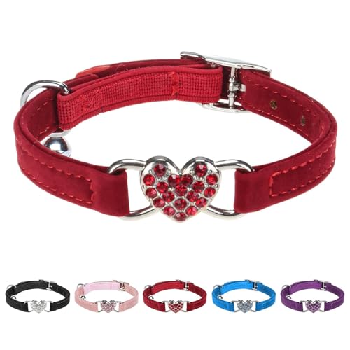 BINGPET Diamond Cat Collar,Adjustable Soft Velvet Leather Safe Kitten Collar with Crystal Heart Charm and Bells,Girl Boy Bling Stylish Cat Collars with Safety Elastic (Red, Neck Girth 8"-10" - Image 1