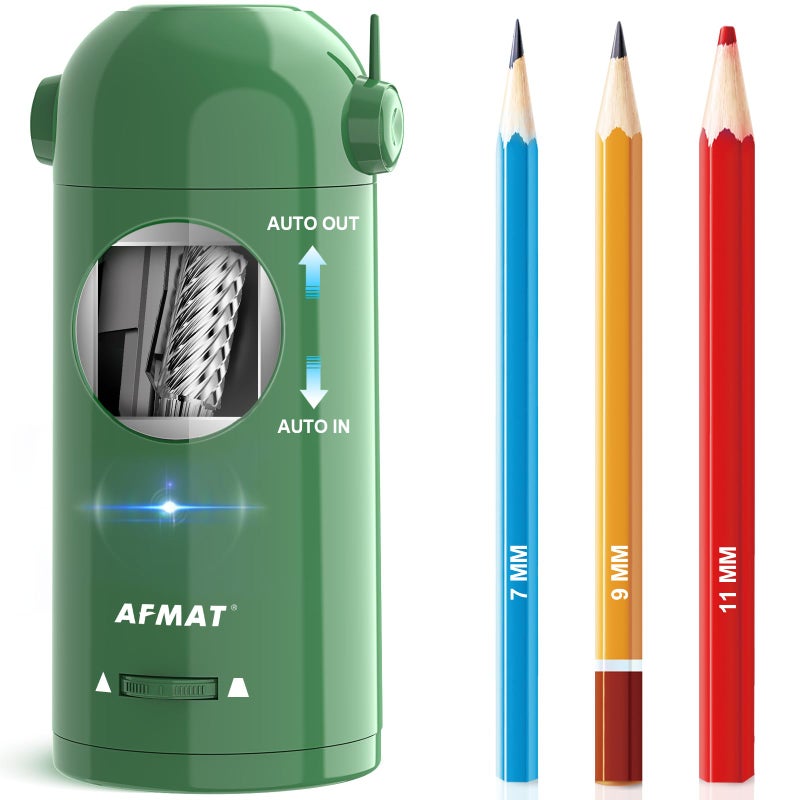 AFMAT Electric Pencil Sharpener for Colored Pencils 7115mm Fully Automatic Pencil Sharpener Auto in Out Rechargeable HandsFree for Large Pencils Green