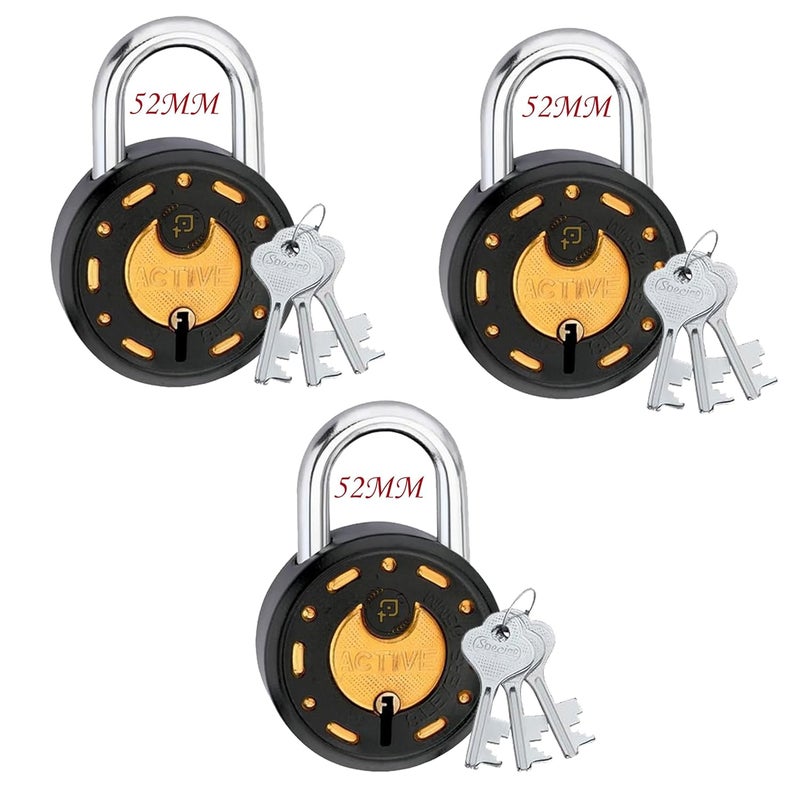 ONEPRO Azco Round Locks Small Size Same Key Padlocks Black Golden Brass Color | Lock and Keys | Lock for Home | Lock for Door Gate (3 Locks with 9 Same Keys, Small Size 50 mm) - Image 1