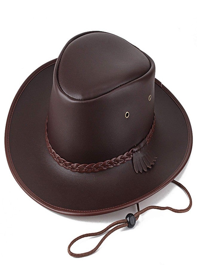Igtazy Cowboy Hats for Men and Women, Western Leather Outback Wide Brim Rain Cap (Brown) - Image 1