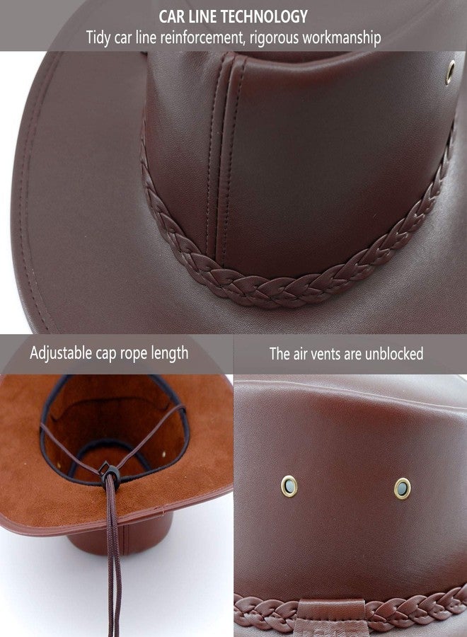 Igtazy Cowboy Hats for Men and Women, Western Leather Outback Wide Brim Rain Cap (Brown) - Image 4