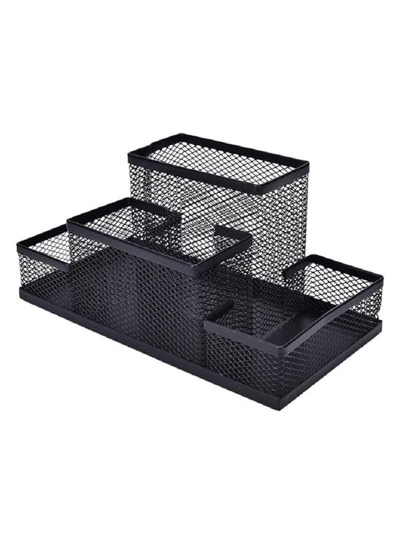 منظم مكتبي شبكي معدني -وحامل للاقلام -والاوراق -ولوازم المكتب- منظم تخزين الإكسسوارات والمنزل والمدرسة - لون أسود- 4 أقسام - لون اسود - Image 1