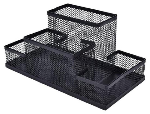 Metal Mesh Desk Organizer - Pen Holder - Paper Holder - Office Supplies - Accessories Storage Organizer for Home and School - Black - 4 Sections - Black