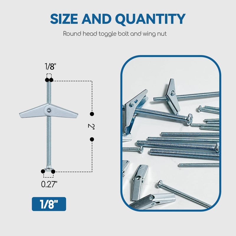 DELE 1/8X2-Inch Toggle Bolt and Wing Nut for Hanging Heavy Items on Drywall (50 Pack) - Image 2