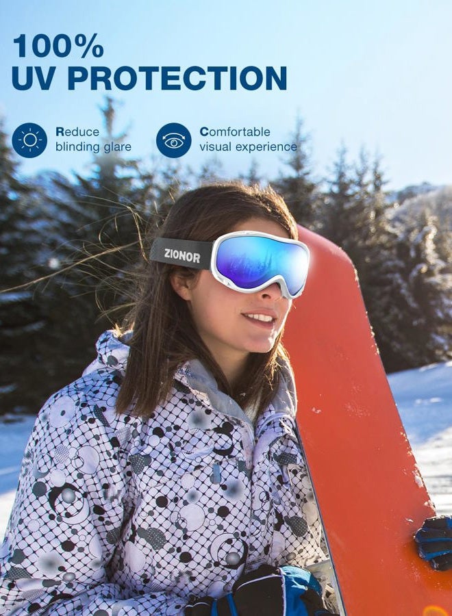 ZIONOR Lagopus Ski Snowboard Goggles UV Protection Anti fog Snow Goggles for Men Women Adult Youth VLT 12% White Frame Mirrored Blue Lens - Image 4