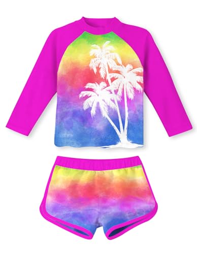 Vogseek 4 5 Little Girl Swimwear with Shorts 2 Pieces Girls Rose Red Beach Suit Palm Trees Rashguard for Girl Size 4-5 Swimsuit Long Sleeve Bathing Suits for Children Lightweight Rash Guard Colorful Tankini - Image 1