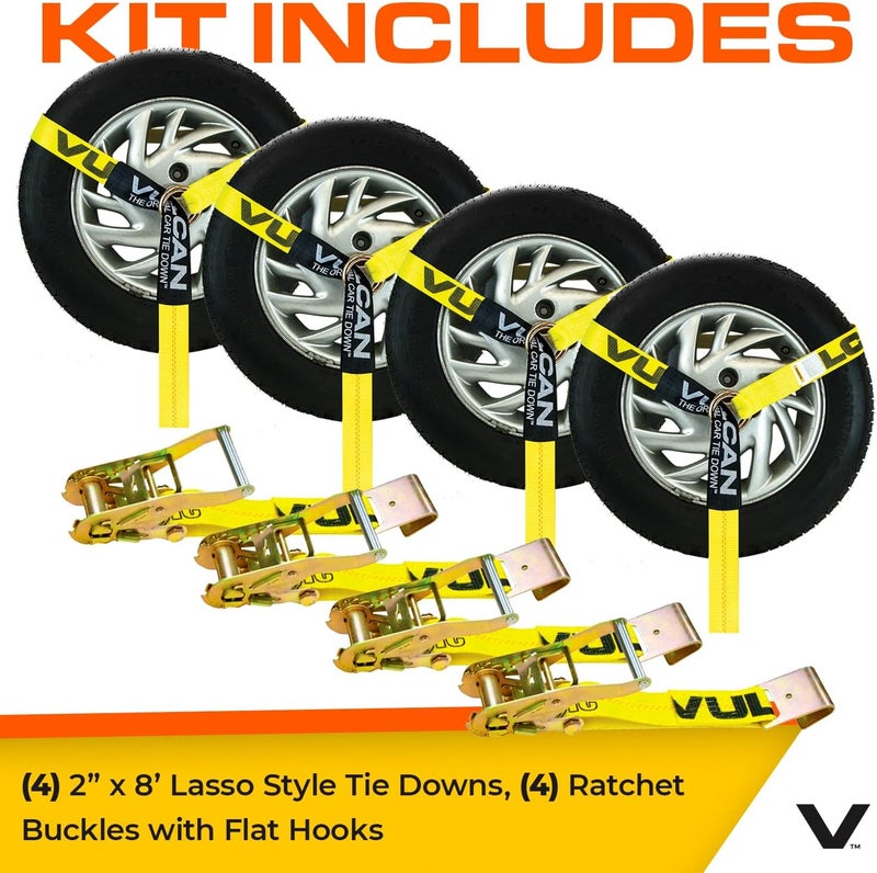 VULCAN Car Tie Down with Flat Hooks - Lasso Style - 2 Inch x 96 Inch - 4 Pack - Classic Yellow - 3,300 Pound Safe Working Load - Image 3