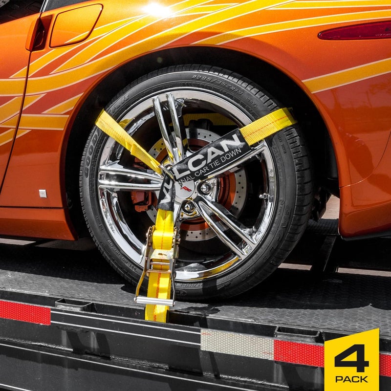 VULCAN Car Tie Down with Flat Hooks - Lasso Style - 2 Inch x 96 Inch - 4 Pack - Classic Yellow - 3,300 Pound Safe Working Load - Image 2