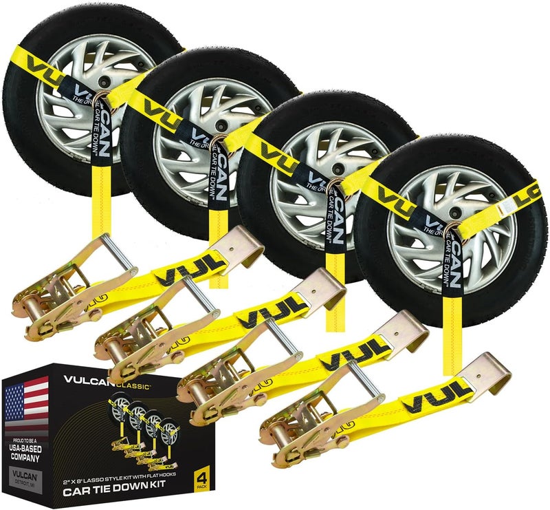 VULCAN Car Tie Down with Flat Hooks - Lasso Style - 2 Inch x 96 Inch - 4 Pack - Classic Yellow - 3,300 Pound Safe Working Load - Image 1