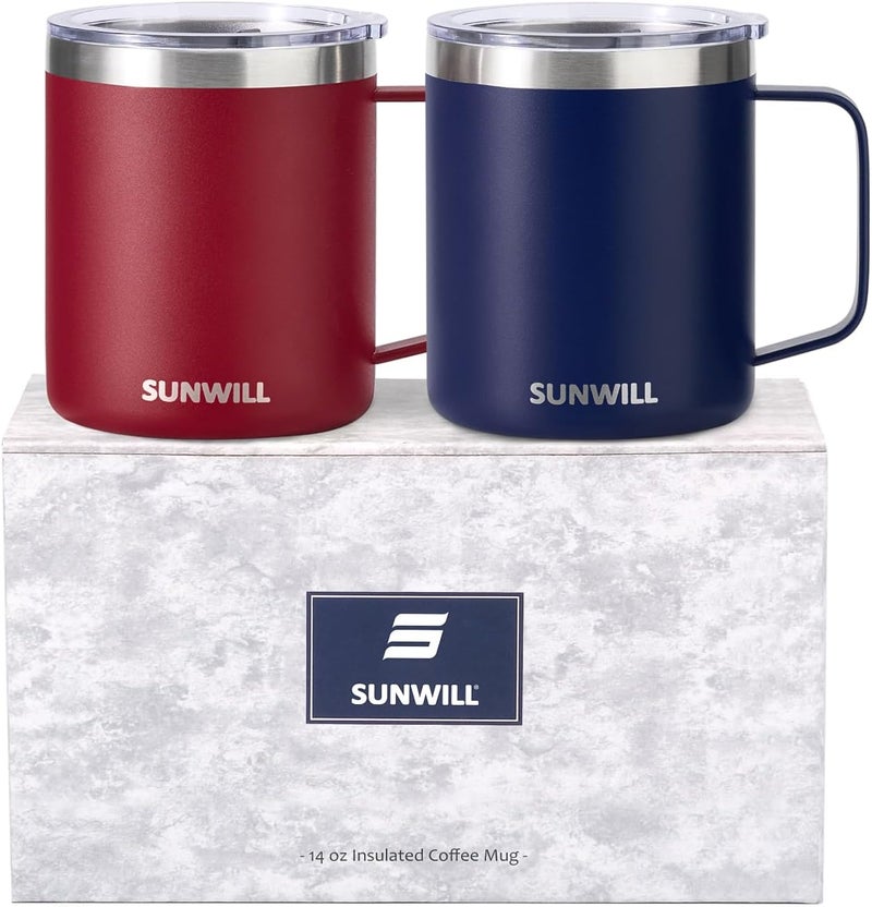 SUNWILL Travel Coffee Mug Set of 2, Insulated Tumbler with Lid, 14 oz Stainless Steel Cup with Handle for Camping, Office, Home, Powder Coated Navy Blue & Wine Red - Image 1