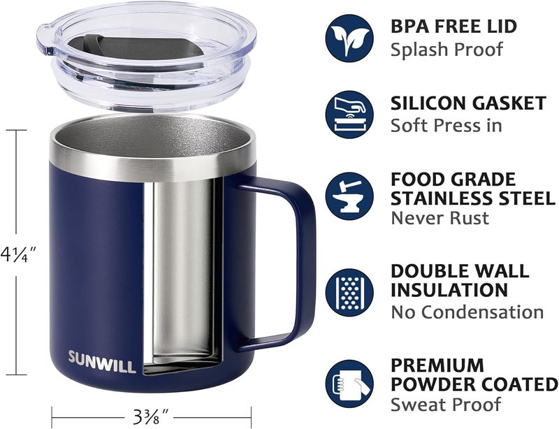 SUNWILL Travel Coffee Mug Set of 2, Insulated Tumbler with Lid, 14 oz Stainless Steel Cup with Handle for Camping, Office, Home, Powder Coated Navy Blue & Wine Red - Image 3