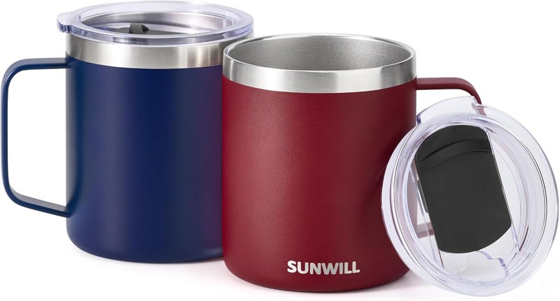 SUNWILL Travel Coffee Mug Set of 2, Insulated Tumbler with Lid, 14 oz Stainless Steel Cup with Handle for Camping, Office, Home, Powder Coated Navy Blue & Wine Red - Image 2