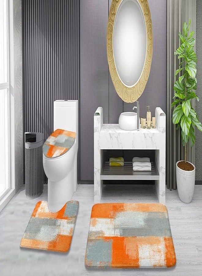 iTapnoom 4PCS Orange Grey Shower Curtain Set, with Non-Slip Rugs, Toilet Lid Cover and Bath Mat Orange Beige Gray Modern Abstract Grunge Painting Bathroom Accessory Decor Fabric Bath Curtain Set 72X72 Inch - Image 3