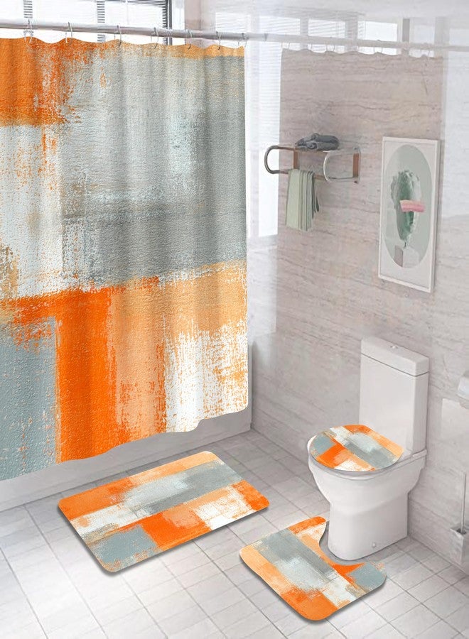 iTapnoom 4PCS Orange Grey Shower Curtain Set, with Non-Slip Rugs, Toilet Lid Cover and Bath Mat Orange Beige Gray Modern Abstract Grunge Painting Bathroom Accessory Decor Fabric Bath Curtain Set 72X72 Inch - Image 2