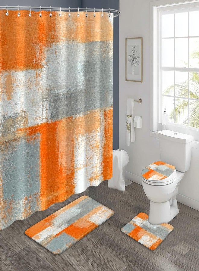 iTapnoom 4PCS Orange Grey Shower Curtain Set, with Non-Slip Rugs, Toilet Lid Cover and Bath Mat Orange Beige Gray Modern Abstract Grunge Painting Bathroom Accessory Decor Fabric Bath Curtain Set 72X72 Inch - Image 1
