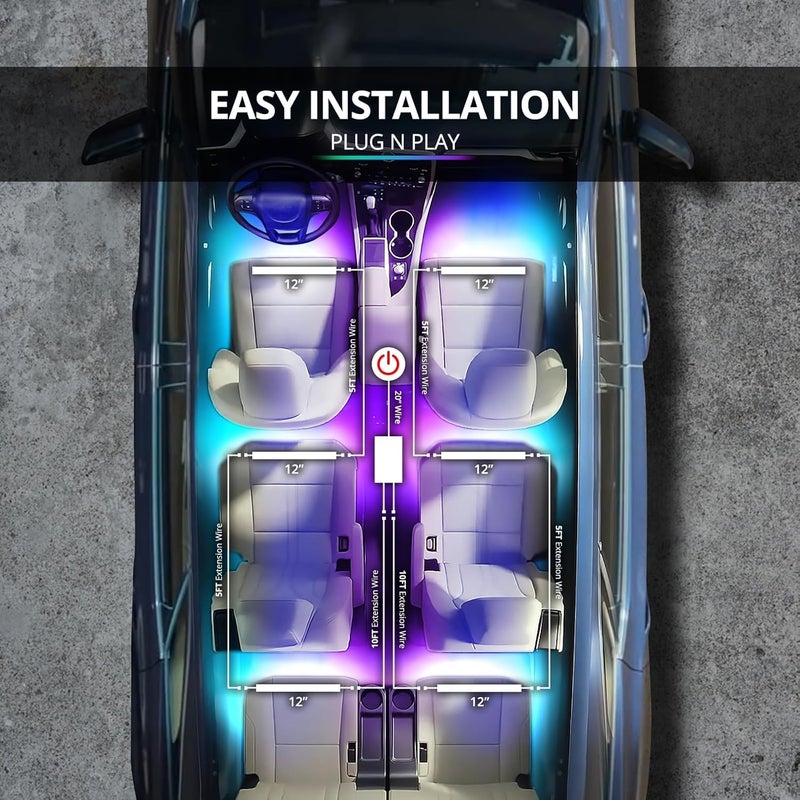 OPT7 Aura DreamColor RGB-IC Car Interior Ambient Light Kit - 6PC LED Strips with APP & Remote Control - Image 4