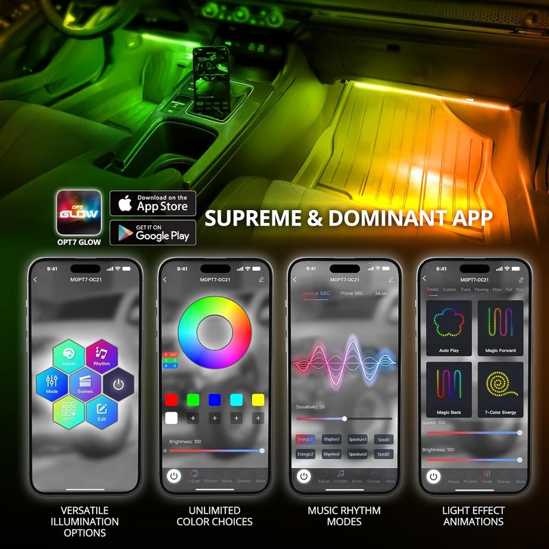 OPT7 Aura DreamColor RGB-IC Car Interior Ambient Light Kit - 6PC LED Strips with APP & Remote Control - Image 2