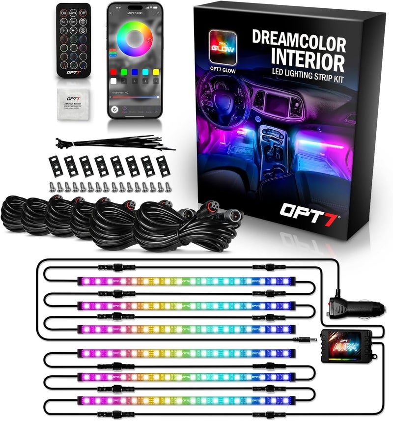 OPT7 Aura DreamColor RGB-IC Car Interior Ambient Light Kit - 6PC LED Strips with APP & Remote Control - Image 1