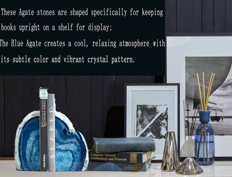 JIC Gem Blue Agate Bookends Geode Book Ends for Shelves Decorative Crystal Bookends Heavy Duty Bookend Bookshelf Decor with Rubber Bumpers(1 Pair, 3-4 LBS) - Image 4