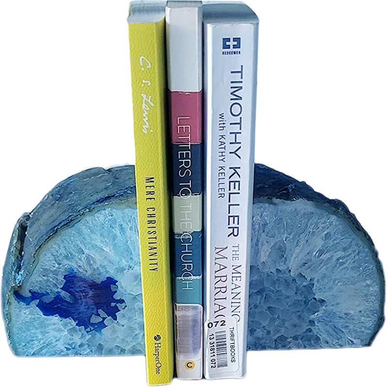 JIC Gem Blue Agate Bookends Geode Book Ends for Shelves Decorative Crystal Bookends Heavy Duty Bookend Bookshelf Decor with Rubber Bumpers(1 Pair, 3-4 LBS) - Image 1