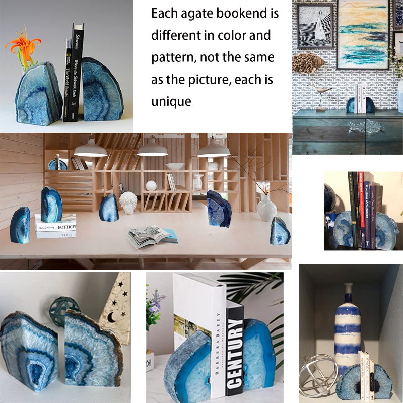 JIC Gem Blue Agate Bookends Geode Book Ends for Shelves Decorative Crystal Bookends Heavy Duty Bookend Bookshelf Decor with Rubber Bumpers(1 Pair, 3-4 LBS) - Image 3