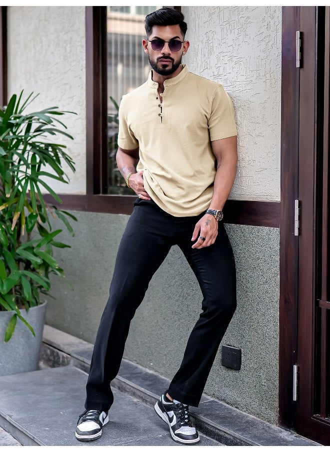 Maniac Mens Solid Henley Neck Half Sleeve Beige Cotton Slim T-Shirt  - Image 5