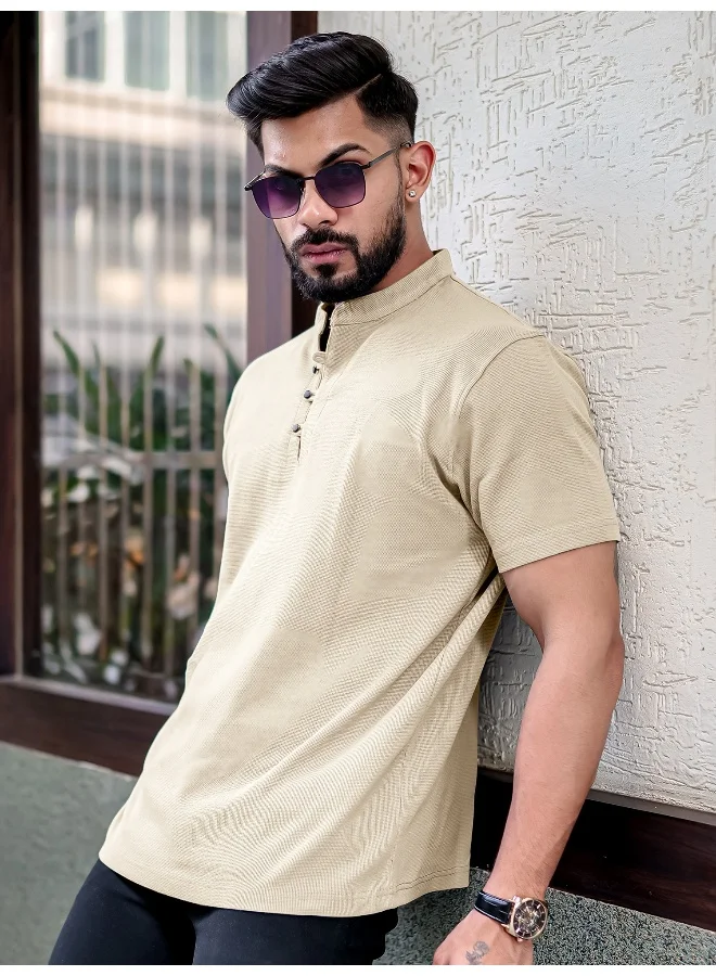 Maniac Mens Solid Henley Neck Half Sleeve Beige Cotton Slim T-Shirt