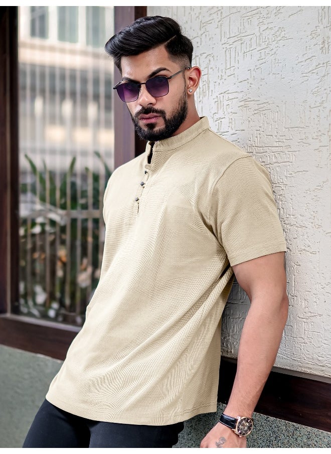 Maniac Mens Solid Henley Neck Half Sleeve Beige Cotton Slim T-Shirt  - Image 3