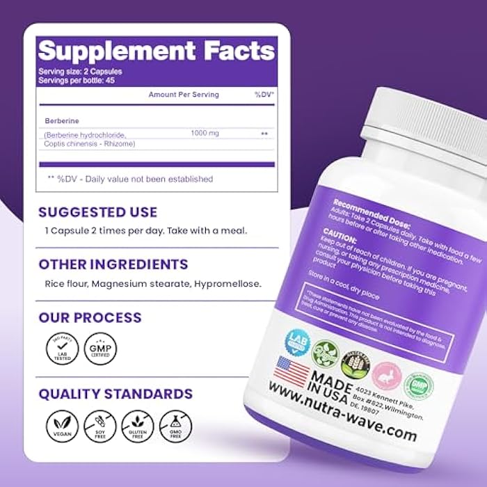 Nutra Wave Pure Berberine HCL 1000mg Supplement – High Potency Berberine Capsules – Supports Digestive & Gut Health – Non-GMO, Gluten Free, 90 Vegan Capsules - Image 4