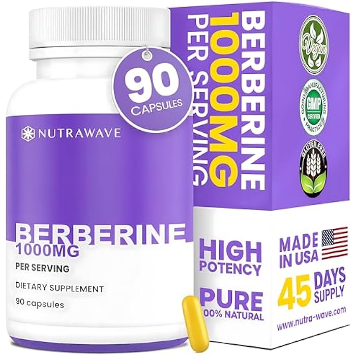 Nutra Wave Pure Berberine HCL 1000mg Supplement – High Potency Berberine Capsules – Supports Digestive & Gut Health – Non-GMO, Gluten Free, 90 Vegan Capsules - Image 1