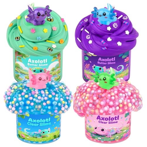 TITRITH 4 Pack Axolotl Slime Kit Butter Clear Slime Party Favors for Kids with Axolotl Charms Soft and Stretchy Pink Blue Purple Green Slime for Girls Boys 412 - Image 1