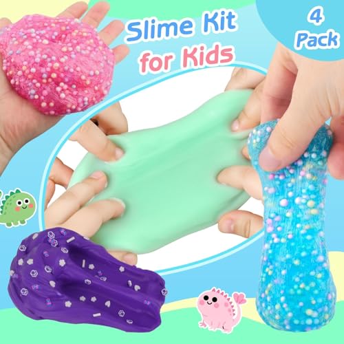 TITRITH 4 Pack Axolotl Slime Kit Butter Clear Slime Party Favors for Kids with Axolotl Charms Soft and Stretchy Pink Blue Purple Green Slime for Girls Boys 412 - Image 5