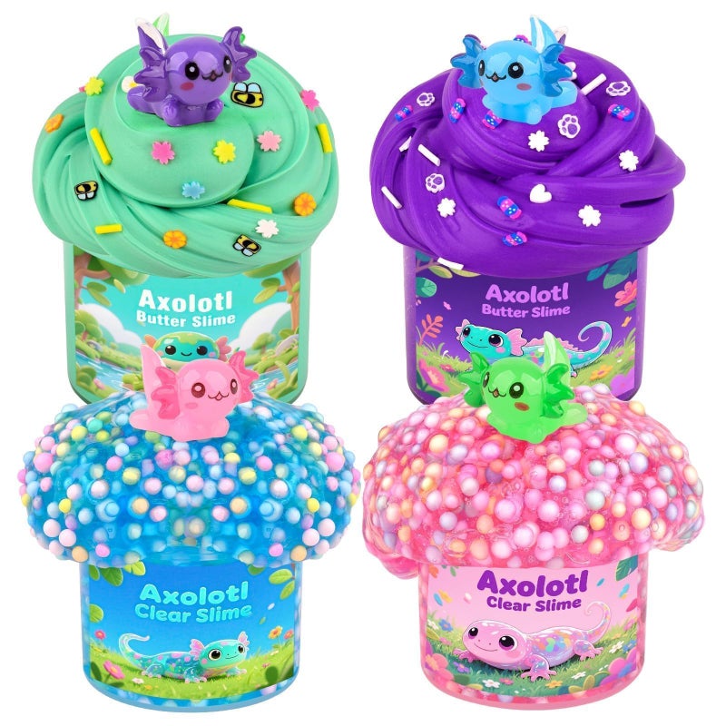 TITRITH 4 Pack Axolotl Slime Kit Butter Clear Slime Party Favors for Kids with Axolotl Charms Soft and Stretchy Pink Blue Purple Green Slime for Girls Boys 412 - Image 3