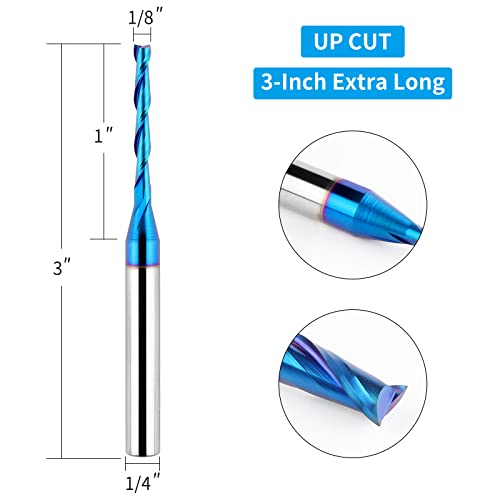EANOSIC 5PCS Upcut Spiral Router Bit 1/4 inch Shank, 1/8 inch Cutting Diameter, Extra Long 3 inch Solid Carbide with Nano Blue Coating CNC Router Bits End Mill for Wood Cut, Carving - Image 2
