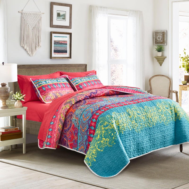 3 Pieces Colorful Bohemian Quilt Set King Size Boho Striped Pink n Teal Printed Bedding Bedspread Coverlet Set for Summer Soft Lightweight Microfiber Quilt with 2 Shams 102x88 inces