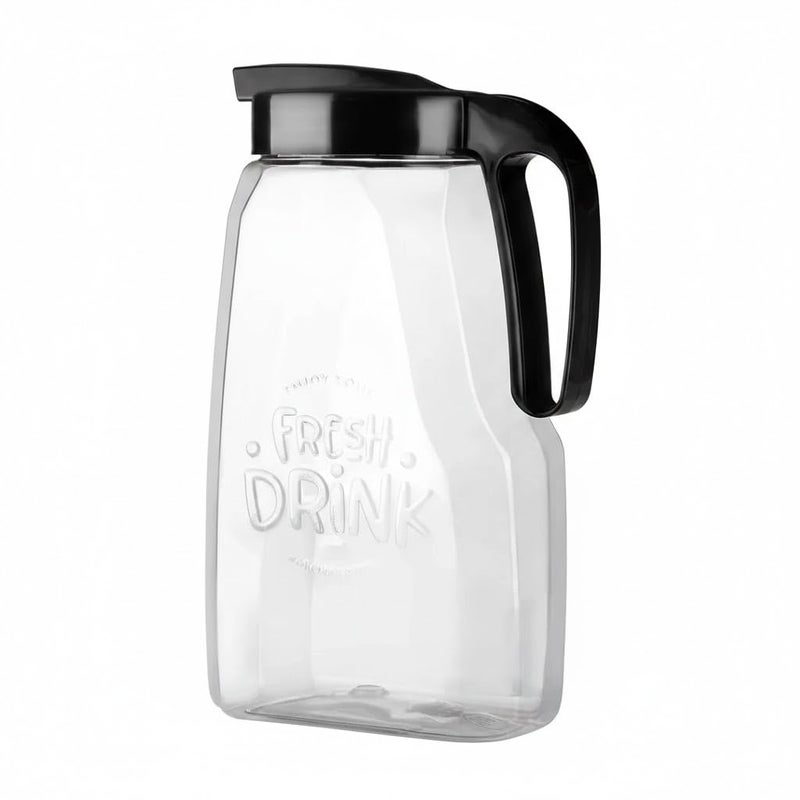 Fresh Juice Jug, Food Grade Plastic, 2 Liter, Clear with Black Airtight Lid, Multi Use (Multi Color Lid) - Image 1