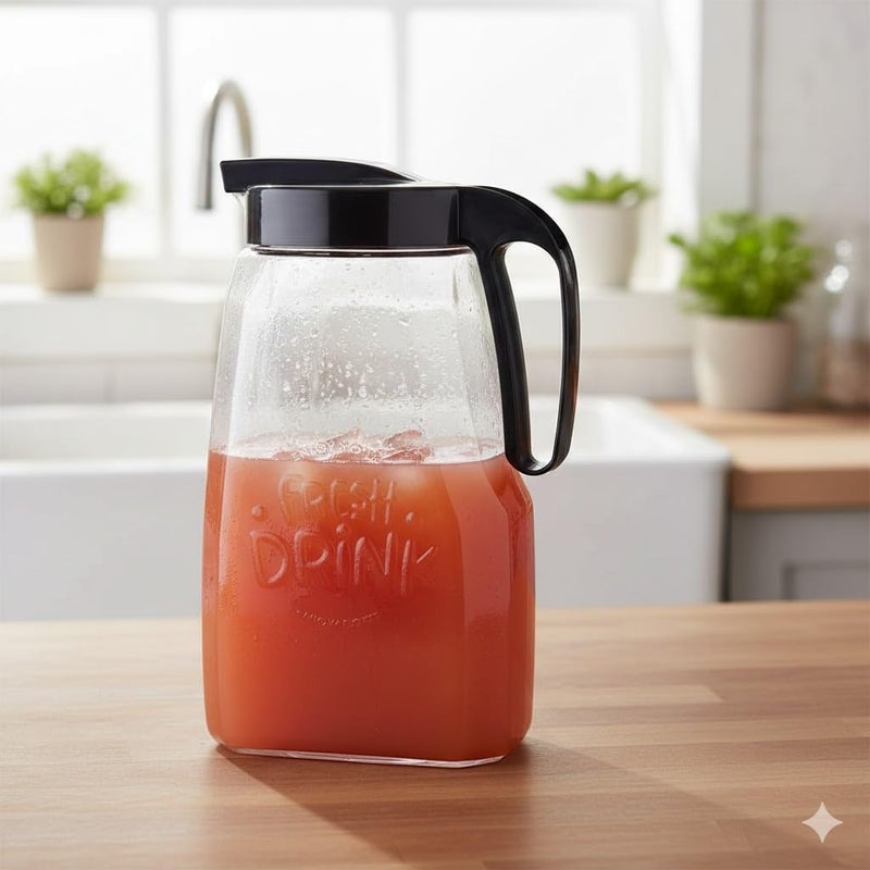 Fresh Juice Jug, Food Grade Plastic, 2 Liter, Clear with Black Airtight Lid, Multi Use (Multi Color Lid) - Image 2