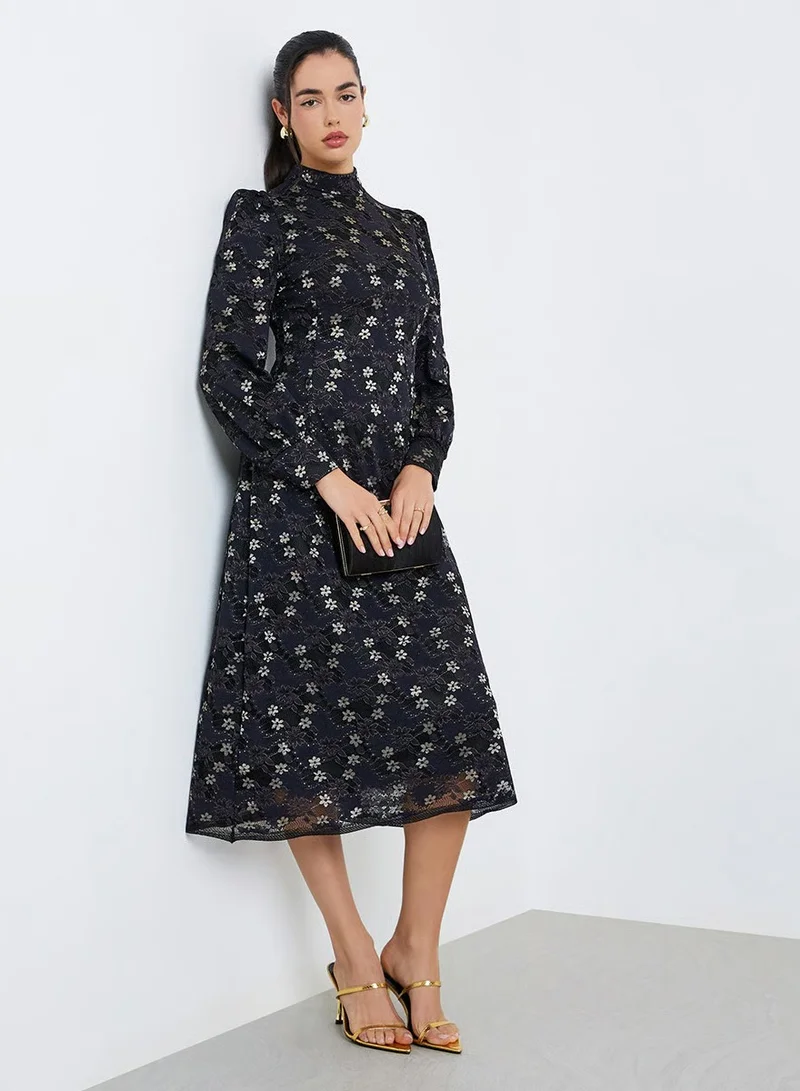 Women Black Lace Long Sleeves Sheath Midi Dress