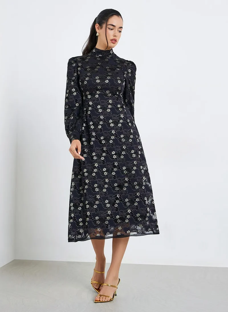 Styli  Women Black Lace Long Sleeves Sheath Midi Dress for Women | Best Price UAE