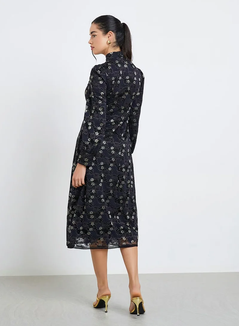 Styli  Women Black Lace Long Sleeves Sheath Midi Dress for Women | Best Price UAE