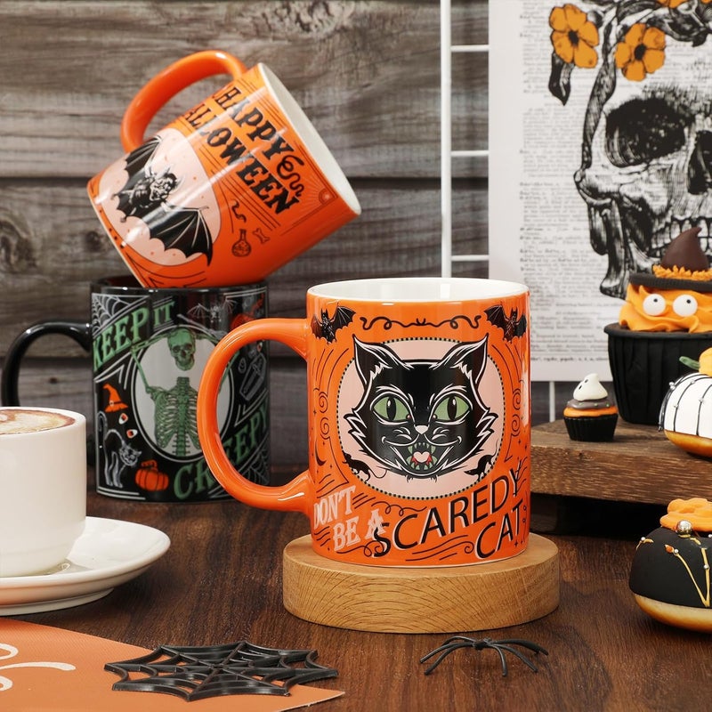 Whaline 4Pcs Halloween Mug Pumpkin Black Cat Bat Skeleton Coffee Mug Orange Black Ceramic Drinking Mugs for Halloween Party Supplies Table Centerpieces 12oz - Image 4