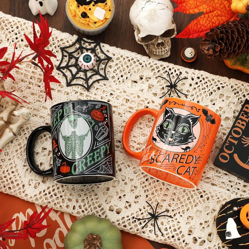 Whaline 4Pcs Halloween Mug Pumpkin Black Cat Bat Skeleton Coffee Mug Orange Black Ceramic Drinking Mugs for Halloween Party Supplies Table Centerpieces 12oz - Image 5