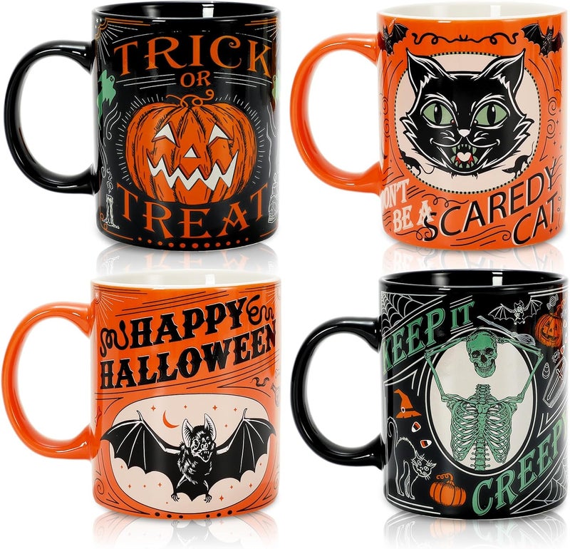 Whaline 4Pcs Halloween Mug Pumpkin Black Cat Bat Skeleton Coffee Mug Orange Black Ceramic Drinking Mugs for Halloween Party Supplies Table Centerpieces 12oz - Image 1