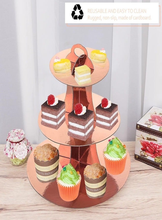 JOLLITY LLC حامل كعكة من 3 طبقات لحفلات الشاي الراقية حامل كعكة باللون الوردي الذهبي مع ألواح كعكة برج حلوى دائري لتزيين الحفلات أعياد الميلاد الذكرى السنوية الزفاف (2 قطعة) - Image 4